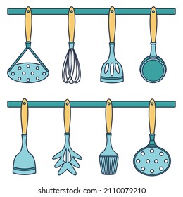 Küchenwerkzeuge, Vektorset. Handgezeichnete farbige Illustration einzeln auf weißem Hintergrund. Küchensammlung zum Kochen - Spatel, Leiter, Kartoffelbrecher. Flaches Dekorationskonzept, Menüdesign 