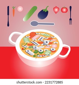 Herramientas de cocina con verduras en una olla