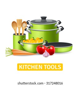 Kitchen tools with vegetables such as onions tomatoes and peppers realistic vector illustration 