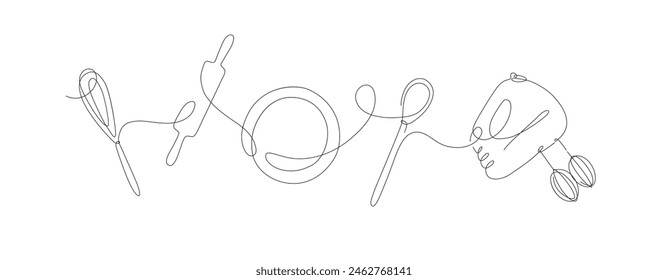 Kitchen tools whisk, spatula, plate, rolling pin silhouette drawing in linear style on white background