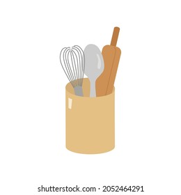 Kitchen tools, whisk, spoon, rolling pin in a glass. Vector illustration in a cartoon flat style. For postcards, labels, design, banners, advertising.