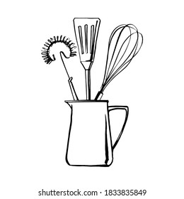 Kitchen tools. Whisk, spoon, spatula. Vector sketch of food in ink on a white background.