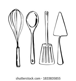 Kitchen tools. Whisk, spoon, spatula. Vector sketch of food in ink on a white background.