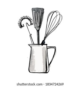 Küchengeräte. Whisk, Löffel, Spatel. Vektorgrafik von Lebensmitteln mit Tinte auf weißem Hintergrund.