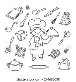 Kitchen tools white and black vector icons set. Profession background