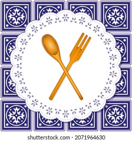 Kitchen tools, wooden salad spoon, fork, lace doily place mat, vector includes Spanish blue tile pattern swatch that will seamlessly fill any shape, copy space 