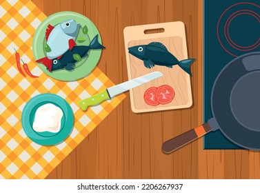 Vista de la cocina superior. utensilios de preparación de cuchillo alimentario para peces. fondo de cartografía vectorial