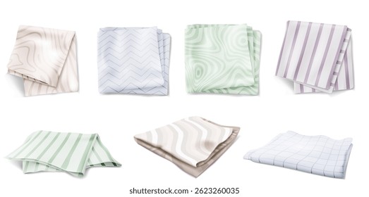 Kitchen towel and napkin mockups set - folded striped cotton or linen fabric cloths collection in soft pastel colors. Square household textiles bundle with geometric patterns for branding showcase.