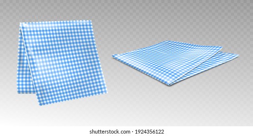 Kitchen towel or tablecloth with chequered blue and white print. Hanging and laying picnic napkin, gingham cotton linen or plaid isolated on transparent background, Realistic 3d vector illustration