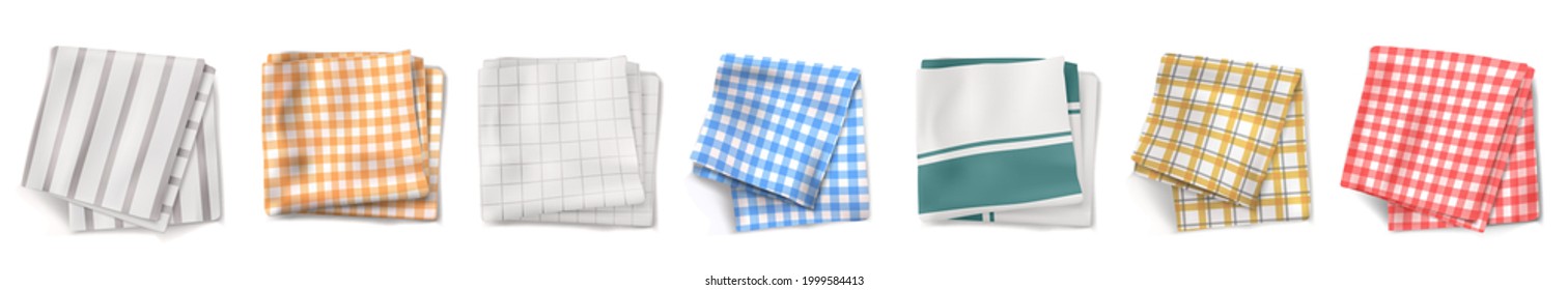 Kitchen towel or tablecloth top view. Folded textile with chequered and lined print. Picnic napkin, gingham cotton linen or plaid design isolated on white background, Realistic 3d vector illustration
