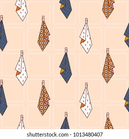 Kitchen towels hanging on hook seamless vector pattern. Household stuff napkins background.