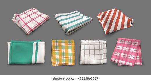 Kitchen towels. Realistic folded napkin. Table cloth. 3D fabric top view. Striped pattern on white textile for picnic. Checkered linen paper. Vector exact isolated tablecloth collection