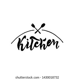  Kitchen. The trend calligraphy. Vector illustration on white background with a spoon and fork. Kitchen icons. Elements for design