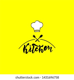  Kitchen. The trend calligraphy. Vector illustration on yellow background with a fork and spoon. Kitchen icons. Elements for design