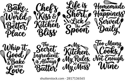 Kitchen Typography Designs with Cooking Quotes and Utensil Icons for Culinary Inspiration and Home Decor