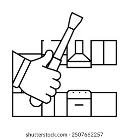 Unidad de cocina repara el icono de línea. Vector de la unidad de cocina repara el letrero. Ilustración negra aislada del símbolo del contorno