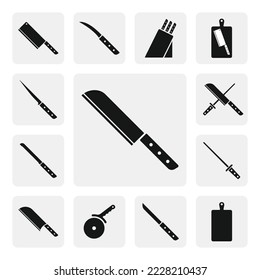 Kitchen universal knife flat web icon. Simple Santoku knife sign silhouette. Knife solid black icon vector design. Santoku knife cartoon clipart. Kitchen utensils icon set. Cooking tools icon