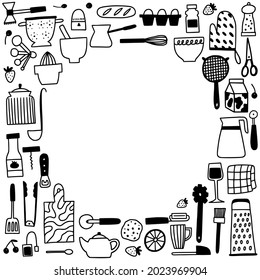 Kitchen utencils and cutlery frame. Doodle outline cooking and baking square border. Cute hand drawn culinary tools and food. Tiny icon illustrations for kitchen graphic design.