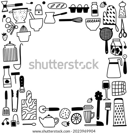 Kitchen utencils and cutlery frame. Doodle outline cooking and baking square border. Cute hand drawn culinary tools and food. Tiny icon illustrations for kitchen graphic design.