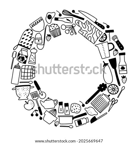 Kitchen utencils and cutlery frame. Doodle outline cooking and baking square border. Cute hand drawn culinary tools and food. Tiny icon illustrations for kitchen graphic design.