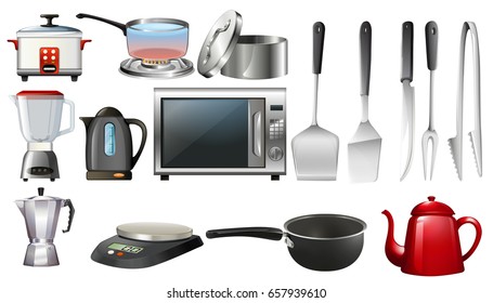 Kitchen utencils and electronic devices illustration