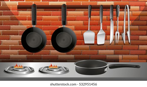 Kitchen utencils in kitchen illustration