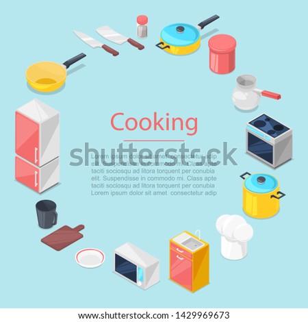 Kitchen utencils vector illustration for posters. Cooking class. Kitchenware, utencils. Kitchen culinary icons. Knives, cutting board, refrigerator, pans and cooker.
