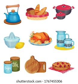 Kitchen Utensil and Appliance with Prepared Pie and Turkey Rested on Plates Vector Set
