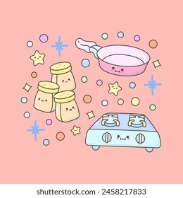 Kitchen Utensil caster cooking pan gas stove with cute facial expressions and pastel colour