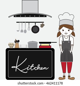 Kitchen utensil with chef. Flat style vector illustration.