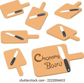 Kitchen Utensil: Chopping board. Wooden chopping board with kitchen knife viewed at different angles. Good for illustration or design usages.