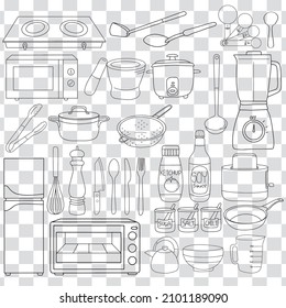 colección de utensilios de cocina dibujada a mano. Símbolos y objetos del estilo del vector de Doodle.