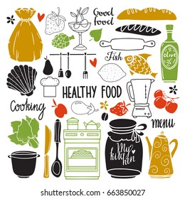 Kitchen utensil, cooking food set hand drawn isolated. Hand written font, lettering