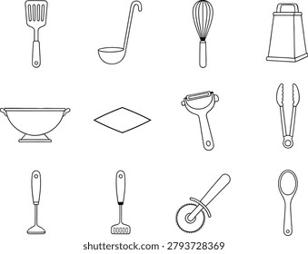 Kitchen utensil cooking tool line art icon collection in simple outline style