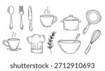Kitchen utensil and cookingware vector sketch set. Hand drawn icons for spoon, fork, knife, coffee cup, pot, pan, whisk, bowl, and chef hat.