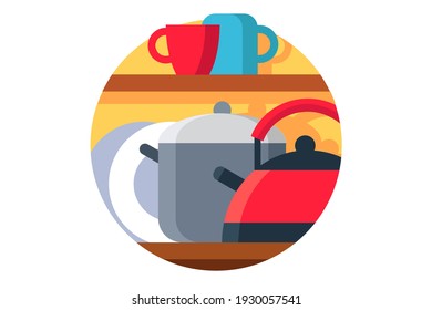 Ilustración vectorial de utensilios de cocina o cubiertos. Hervidor, tazas y maceta de estilo plano. Cocina y utensilios de cocina colección de herramientas modernas. Concepto de hogar. Aislado sobre fondo blanco