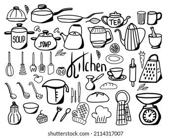 Kitchen utensil doodle set. Stuff for menu decoration. Vector collection of isolated objects. Icons in sketch style. Hand drawn kitchenware and cutlery on white background