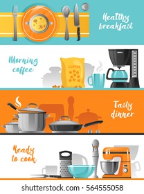 Kitchen utensil flat horizontal banners collection with tableware for breakfast coffee machine mixer blender and kitchenware for cooking vector illustration