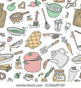 Kitchen utensil and food ingredients seamless pattern in doodle style, vector illustration on white background. Concept of cooking and recipe book. Kitchenware for baking.