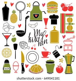 Kitchen utensil, food set hand drawn isolated. Hand written font, lettering