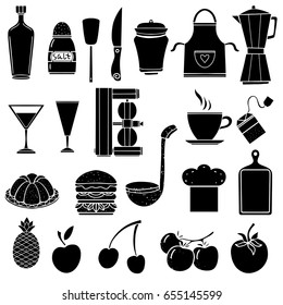 Kitchen utensil, food set hand drawn isolated