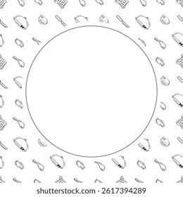 kitchen utensil frame. doodle kitchenware circle frame. kitchen background