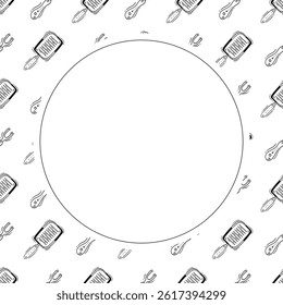 kitchen utensil frame. doodle kitchenware circle frame. kitchen background