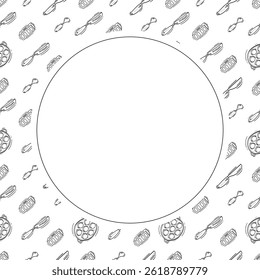 kitchen utensil frame. doodle kitchenware circle frame. kitchen background