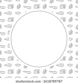 kitchen utensil frame. doodle kitchenware circle frame. kitchen background