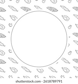 kitchen utensil frame. doodle kitchenware circle frame. kitchen background