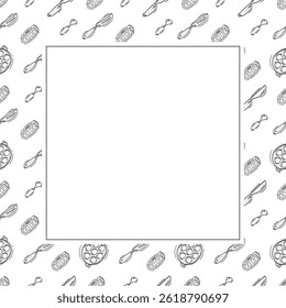 kitchen utensil frame. doodle kitchenware square frame. kitchen background