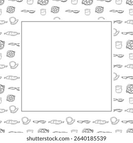 kitchen utensil frame. doodle kitchenware square frame. kitchen background