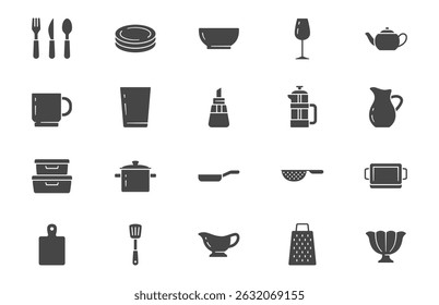 Kitchen utensil glyph icon set. Vector pictograms include - tableware, dish, pan, casserole spatula, plate, wineglass, cup, mug, french black sign silhouette illustration for crockery.