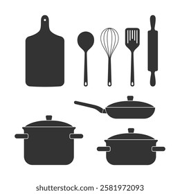 Kitchen utensil graphic icon set. Signs isolated on white background. Kitchenware symbols. Vector illustration